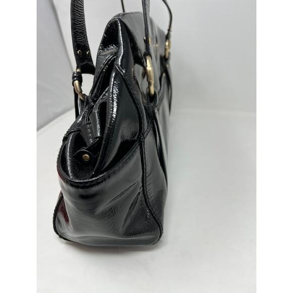 Michael Kors Patent Leather Satchel Bag Handbag Black Gold RESHOOT - Picture 3 of 8